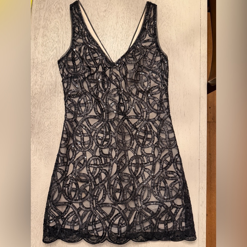 Bebe Black Sequin Mesh Overlay Dress Scalloped Hem Sleeveless